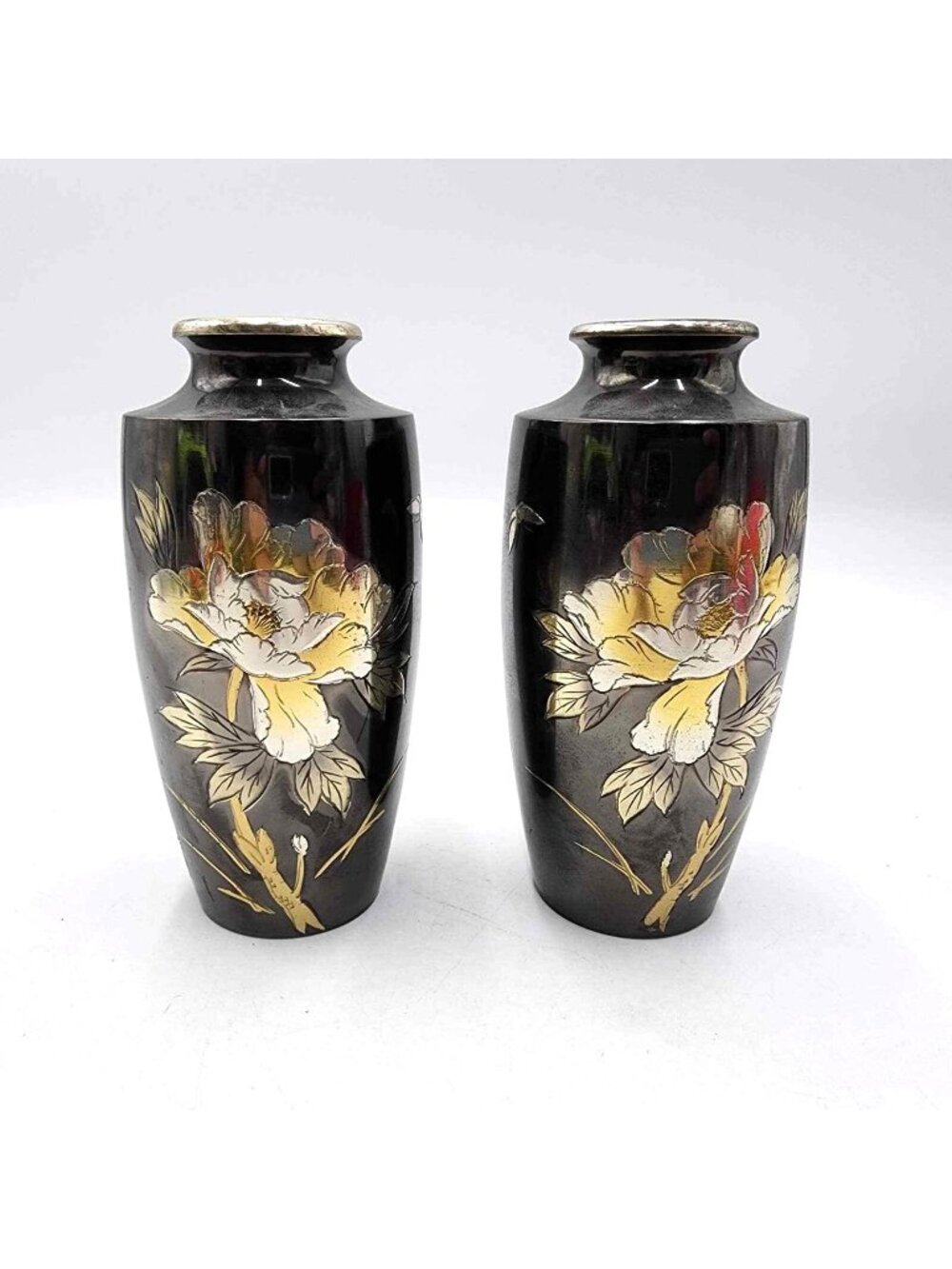 Japanese‎ Mixed Metal Floral 6" Vase Vintage Pair Of 2